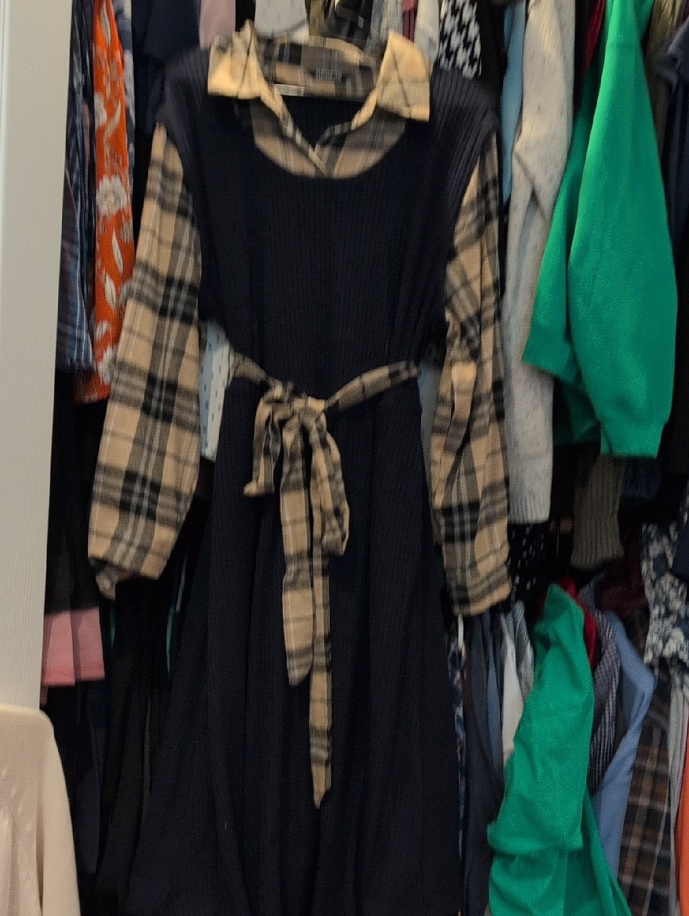 BloomChic Navy Knit Dress with Beige Plaid Shirt Detail